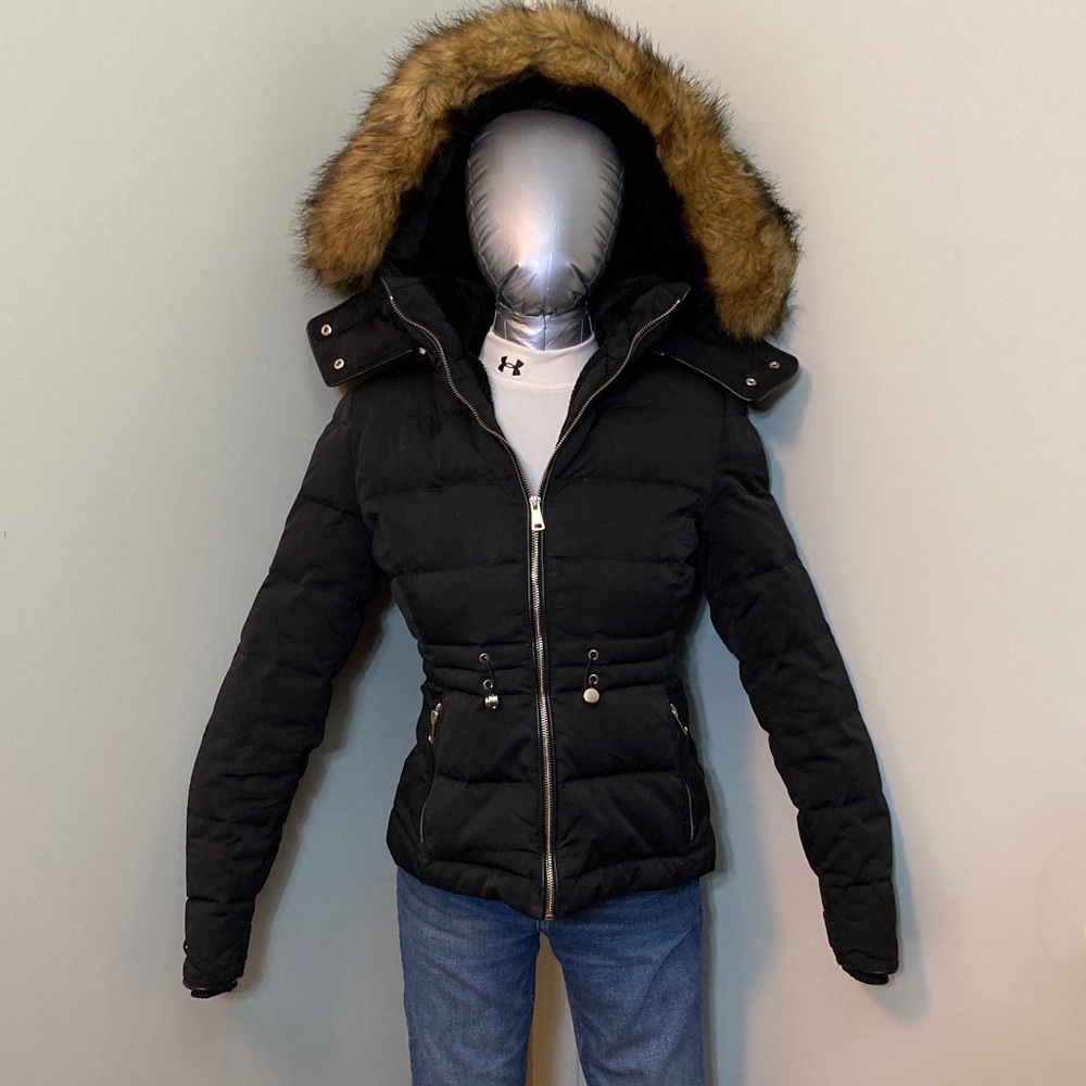 Zara Down Black Puffer Jacket with Faux Fur Hood